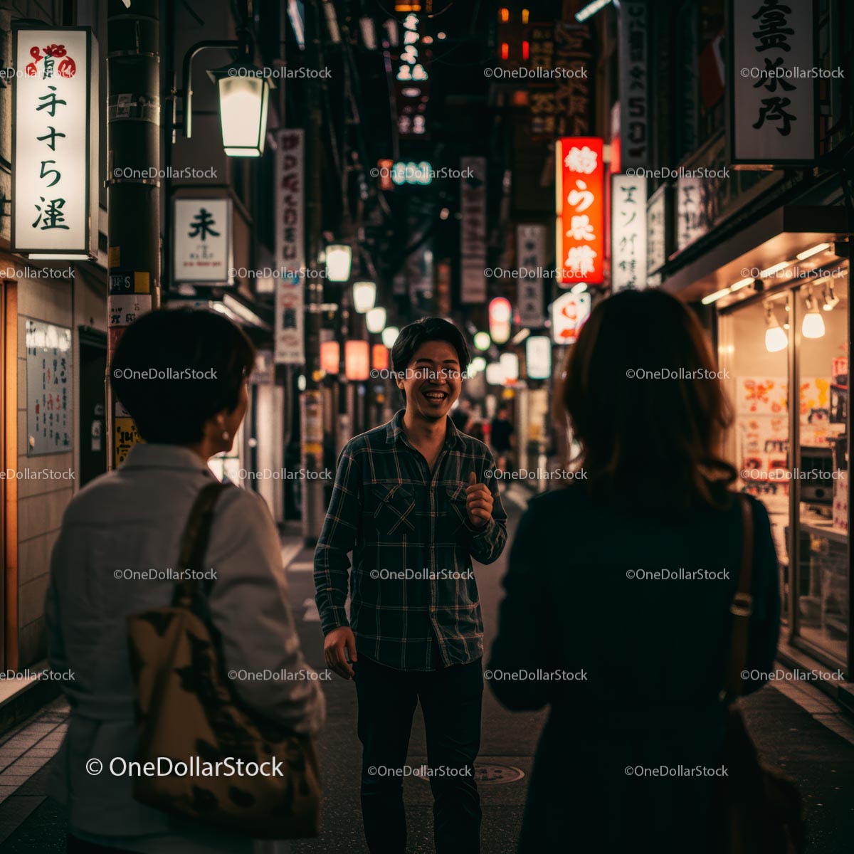 Three Friends Enjoying a Vibrant Night in Tokyo's Streets
