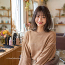 Smiling Woman with Modern Hairstyle in Cozy Salon Ambiance