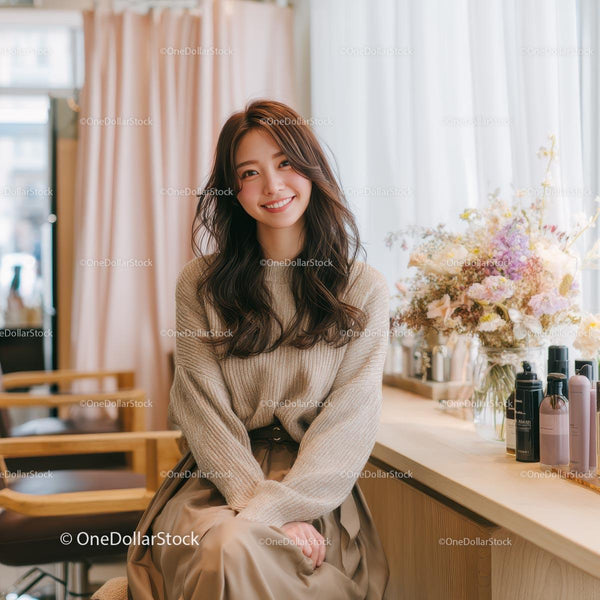 Smiling Woman in Cozy Sweater with Elegant Hair