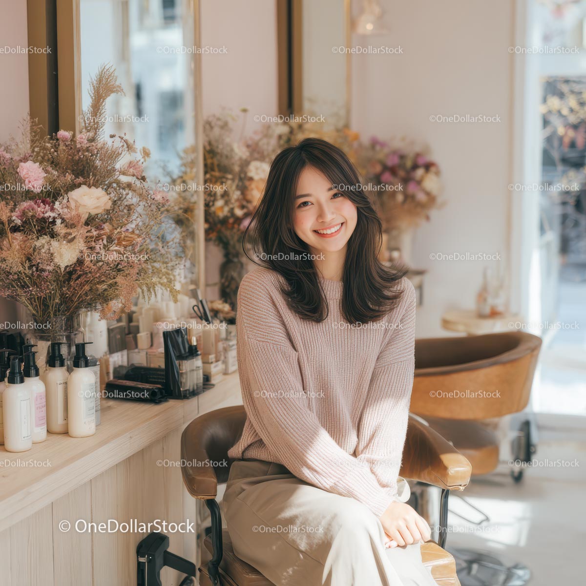 Smiling Woman in a Cozy Cafe with Floral Decor