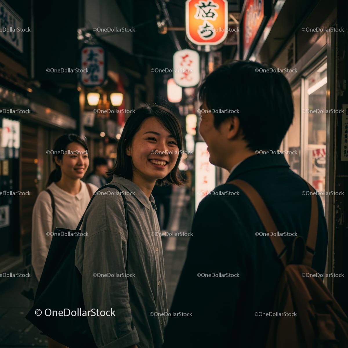 Friends Enjoying Night Stroll in Vibrant Asian City Street