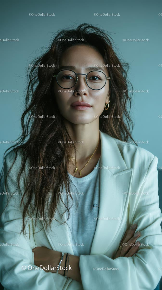 Confident Woman in Chic White Jacket and Glasses