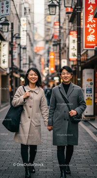 Smiling Couple Holding Hands on Vibrant Urban Street
