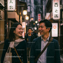 Smiling Couple Strolling on a Vibrant Street in Tokyo