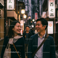 Smiling Couple Strolling on a Vibrant Street in Tokyo