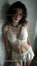 Young Woman in Casual Lingerie with Wavy Hair