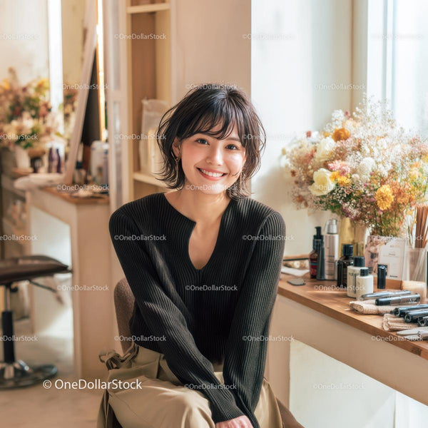 Smiling Woman in Modern Hair Salon with Floral Decor
