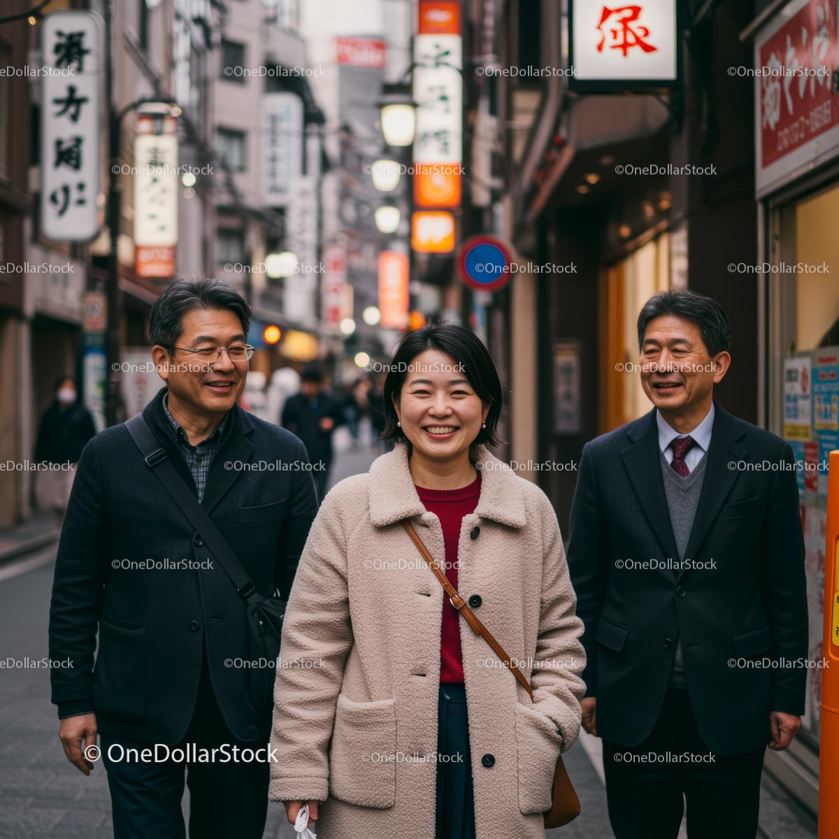 Smiling Group Strolling Through Vibrant City Street