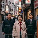 Smiling Group Strolling Through Vibrant City Street