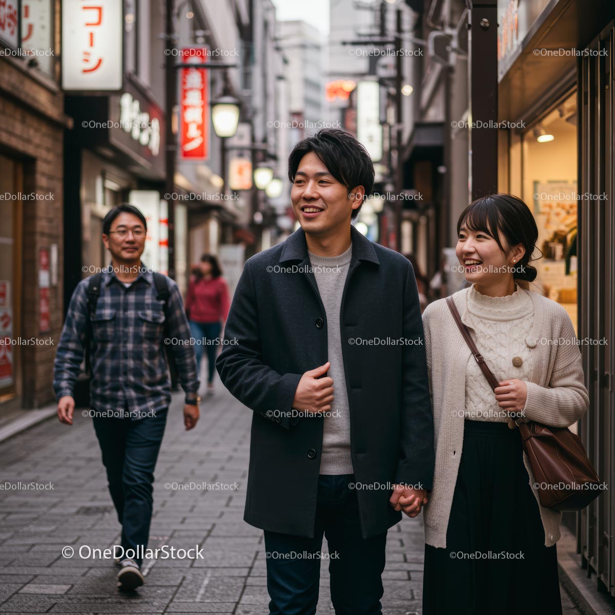 Young Couple Strolling Through a Bustling Japanese Street