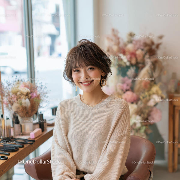 Smiling Woman in Cozy Sweater at Beauty Salon