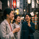 Asian Women Laughing Together on Night Street