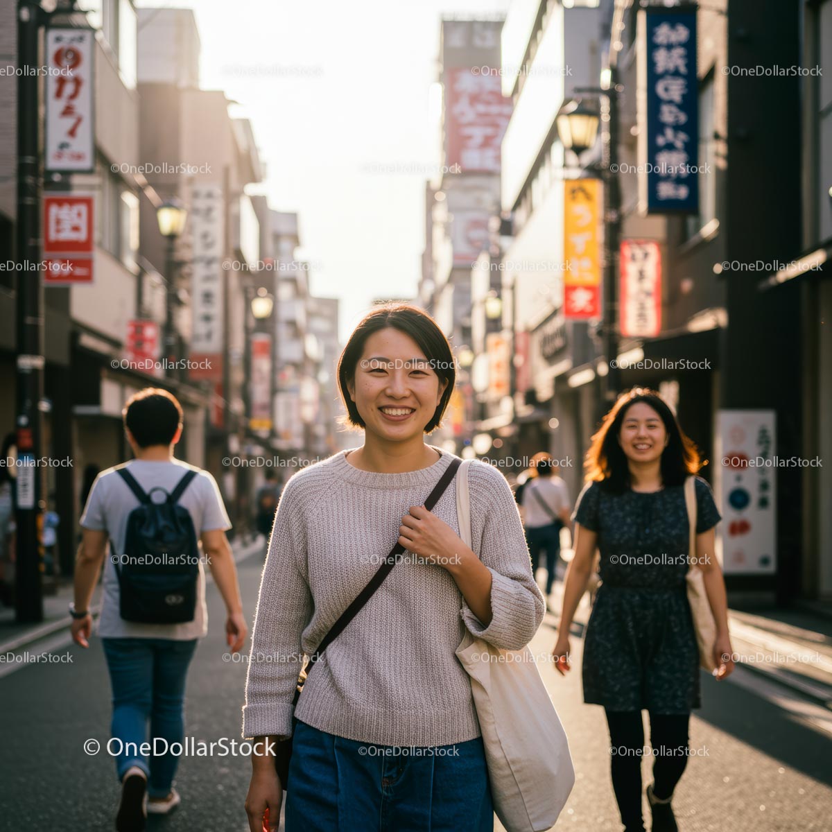 Smiling Woman Walking on a Vibrant City Street