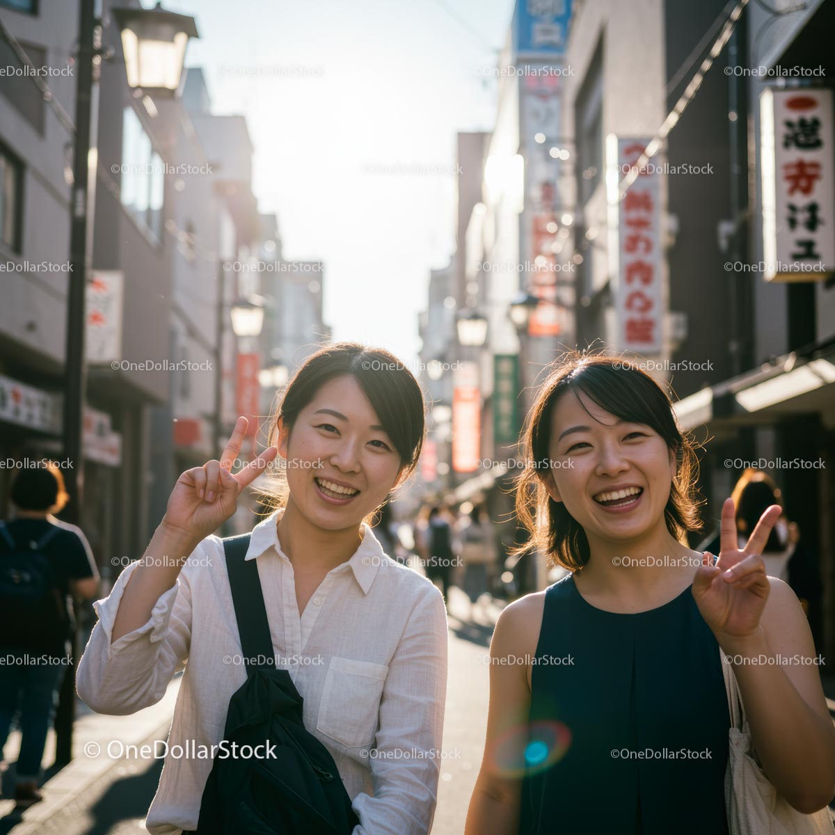 Smiling Friends Exploring a Bustling Urban Street