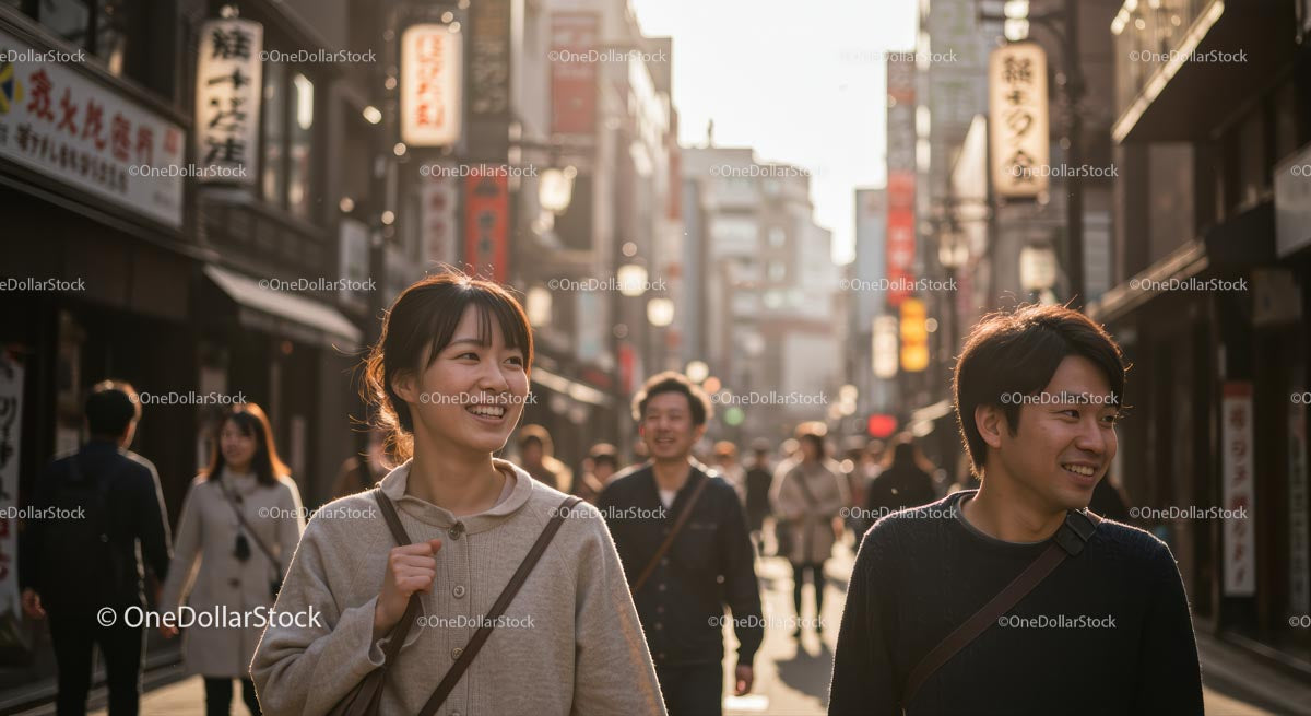 Smiling People on a Busy Japanese Street Under Sunlight