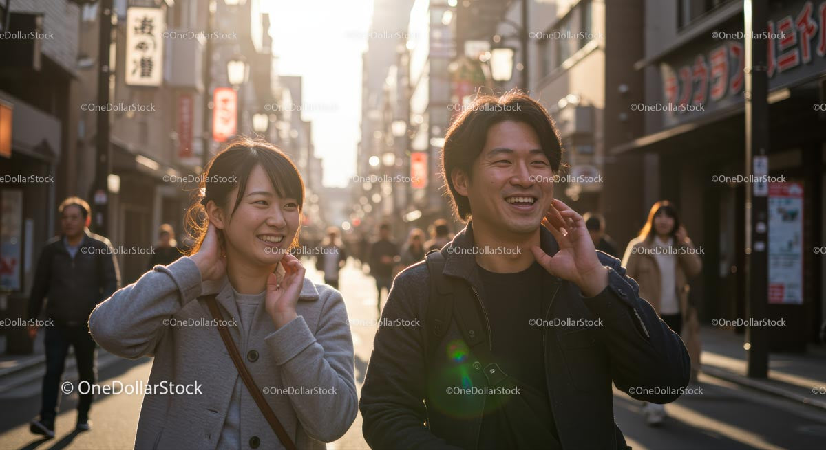 Happy Couple Enjoying a Walk on a Bustling City Street