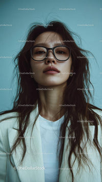 Stylish Woman with Glasses and Long Hair Against Blue Backdrop