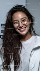 Smiling Woman in Glasses and White Jacket
