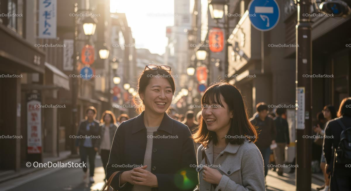 Smiling Friends Enjoying Stroll on Sunlit City Street