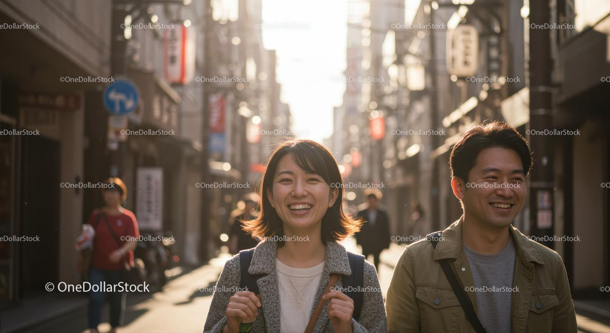 Joyful Friends Strolling Through Sunlit Urban Street