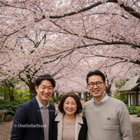 Smiling Group Under Cherry Blossom Trees in Spring