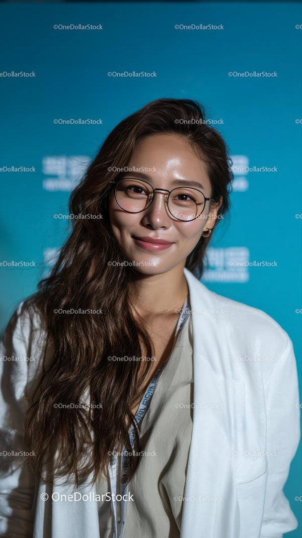 Confident Woman with Glasses Against Blue Background