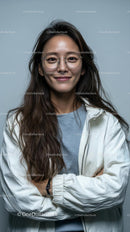 Smiling Woman in Glasses with a White Jacket