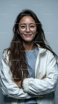 Smiling Woman in Glasses with a White Jacket