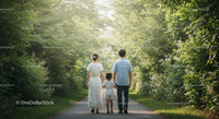 Family Strolling Through Lush Garden Path in Summer