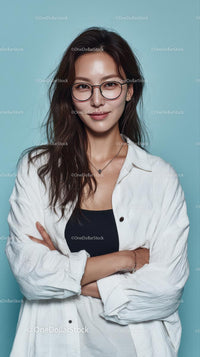 Confident Woman in Glasses and White Shirt Against Blue Background