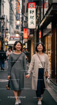 Smiling Friends Walking in Vibrant Urban Street