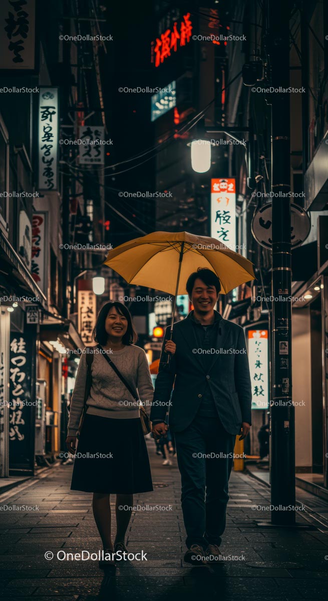Couple Enjoying a Night Walk Under a Yellow Umbrella