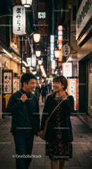 Happy Couple Strolling in Vibrant Urban Nightscape