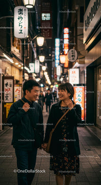 Happy Couple Strolling in Vibrant Urban Nightscape