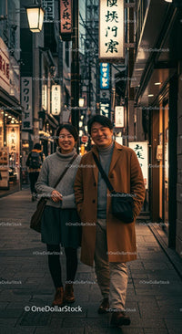Smiling Couple Strolling Through Vibrant City Street