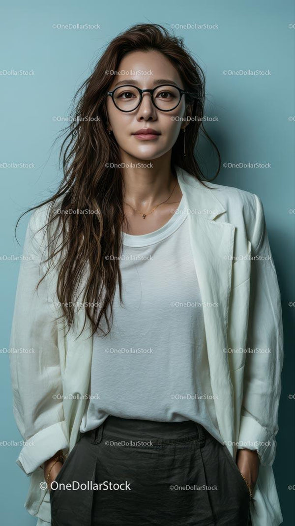 Confident Woman in White Blazer and Glasses