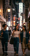 Friends Laughing and Strolling in Vibrant City Night