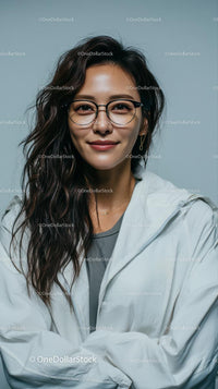 Smiling Woman in Glasses and White Jacket