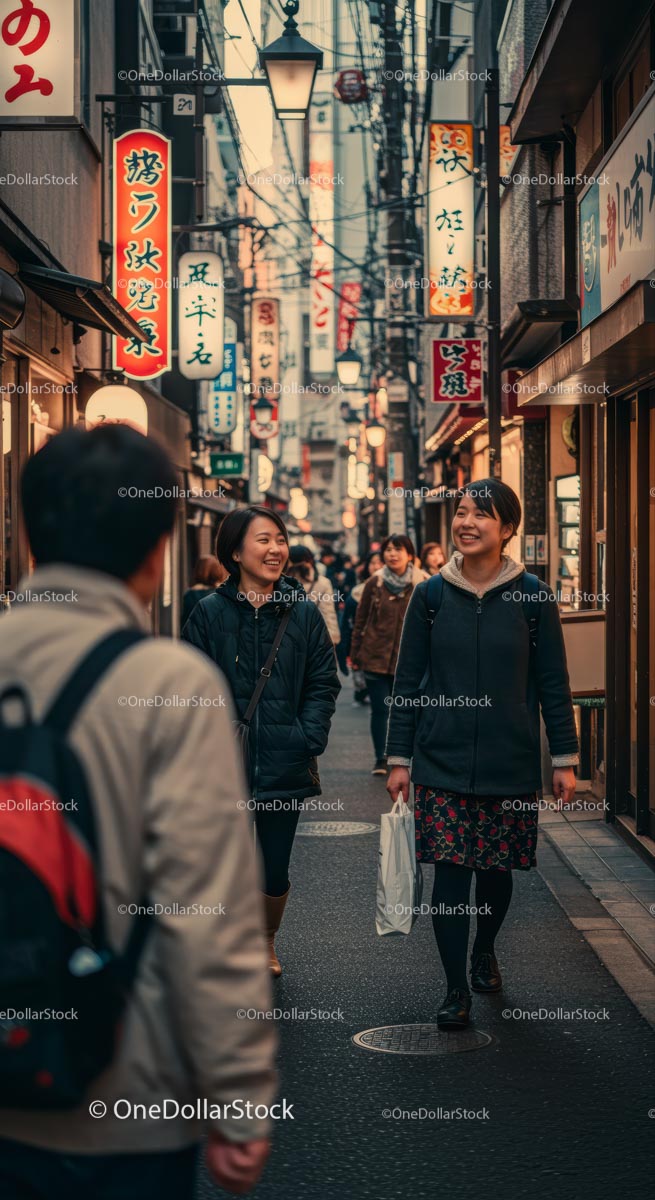 People Walking on a Bustling Japanese Street with Colorful Signs
