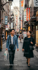 Smiling Couple Strolling Through Bustling Japanese Street