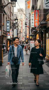 Smiling Couple Strolling Through Bustling Japanese Street