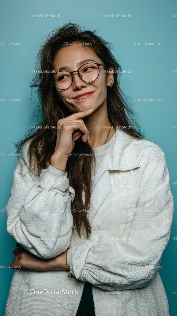 Smiling Young Woman in Glasses Against Turquoise Background