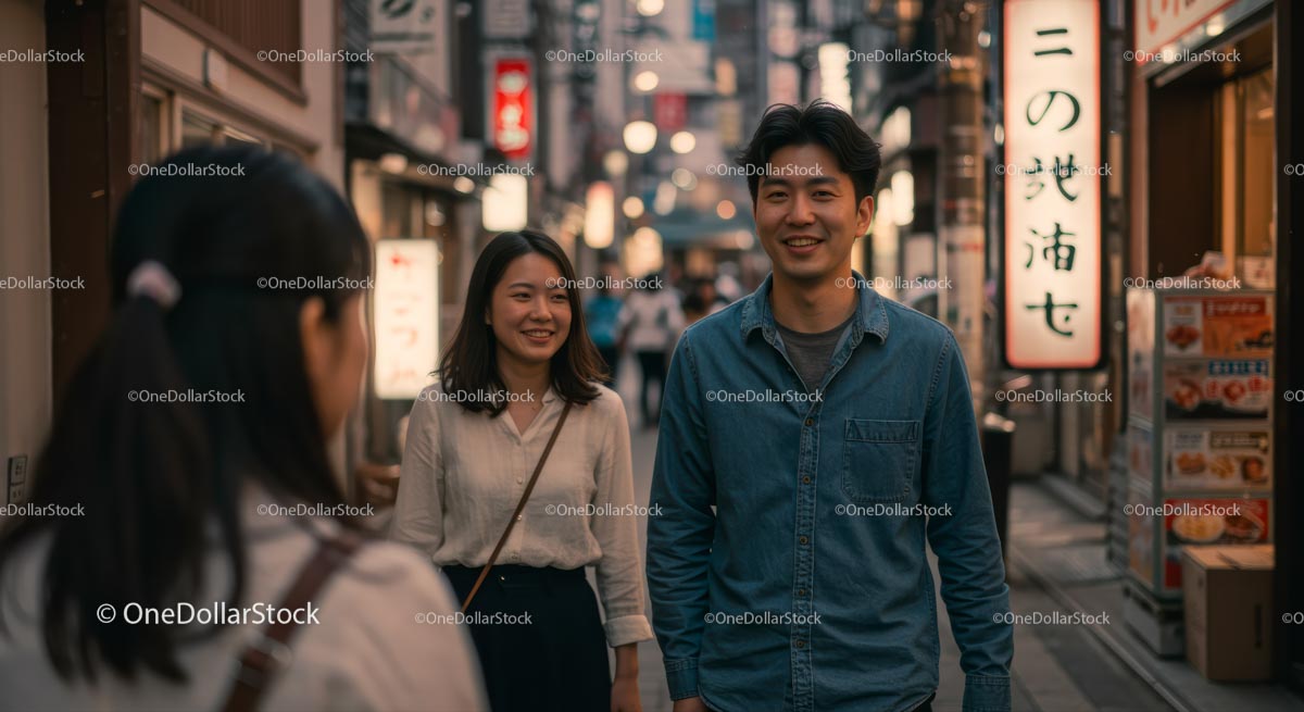 Friends Enjoying a Walk on a Vibrant Asian Street