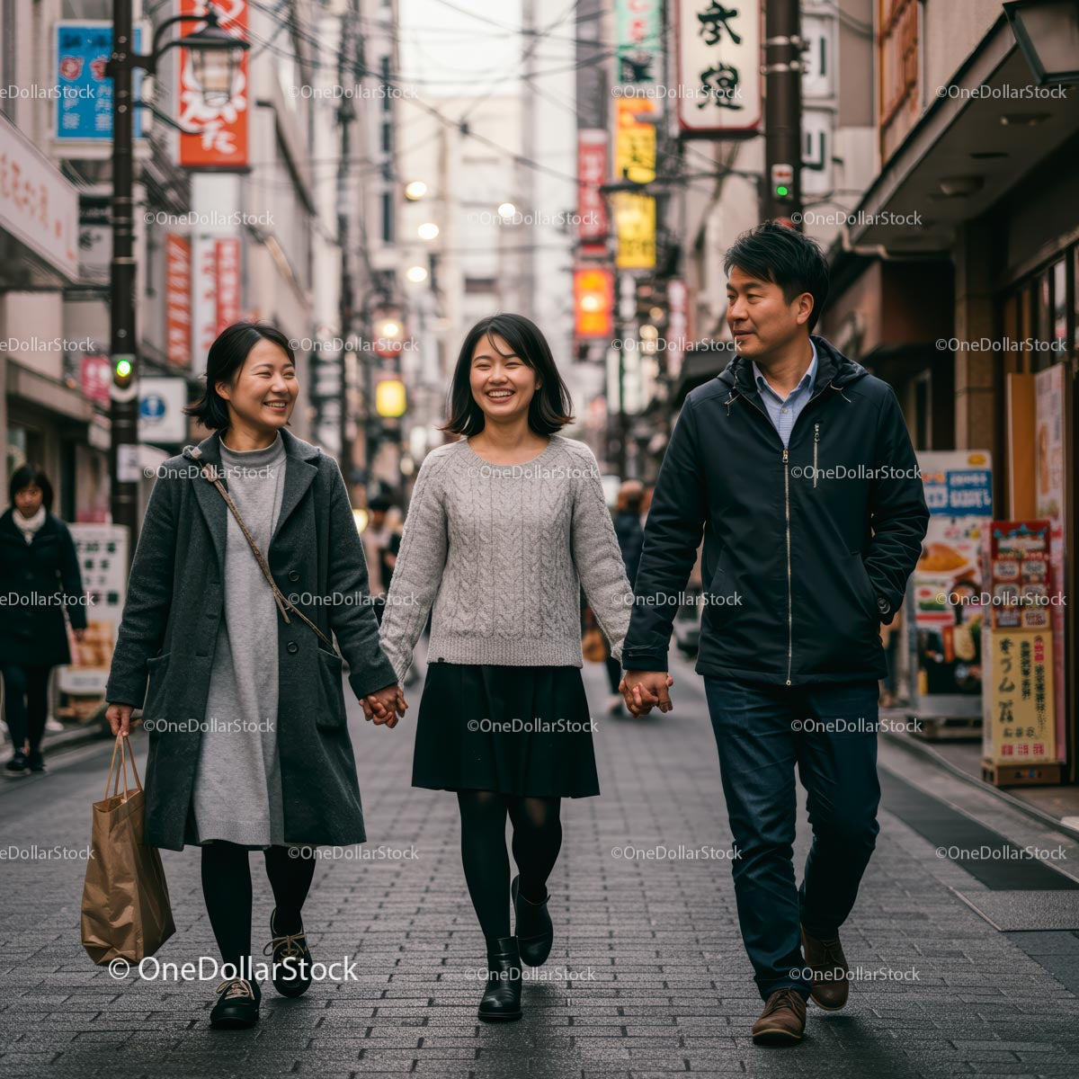 Friends Enjoying a Walk in a Bustling Urban Setting