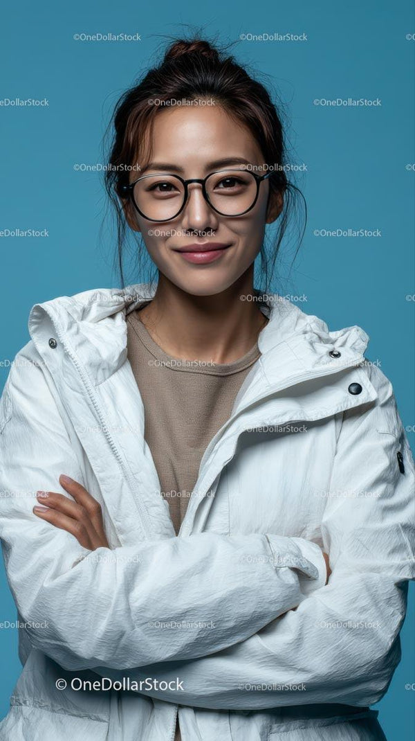 Smiling Woman in Eyeglasses and White Jacket Against Blue