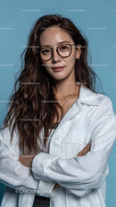 Confident Woman in Glasses Against Blue Background