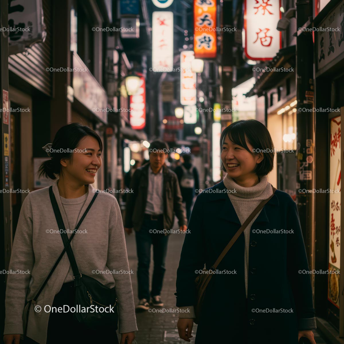 Friends Walking Under Vibrant City Lights at Night