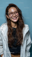 Smiling Woman in Glasses with Long Brown Hair