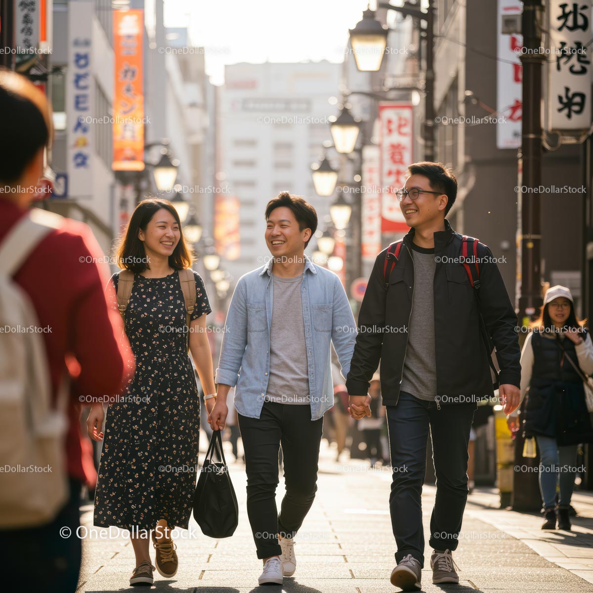 Friends Enjoying a Sunny Stroll in the City