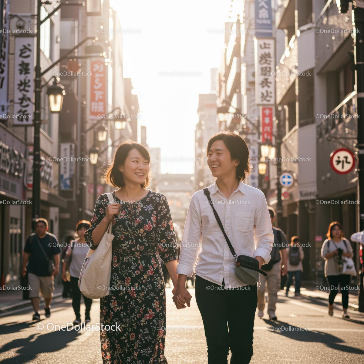 Joyful Couple Strolling Through a Sunlit Urban Street